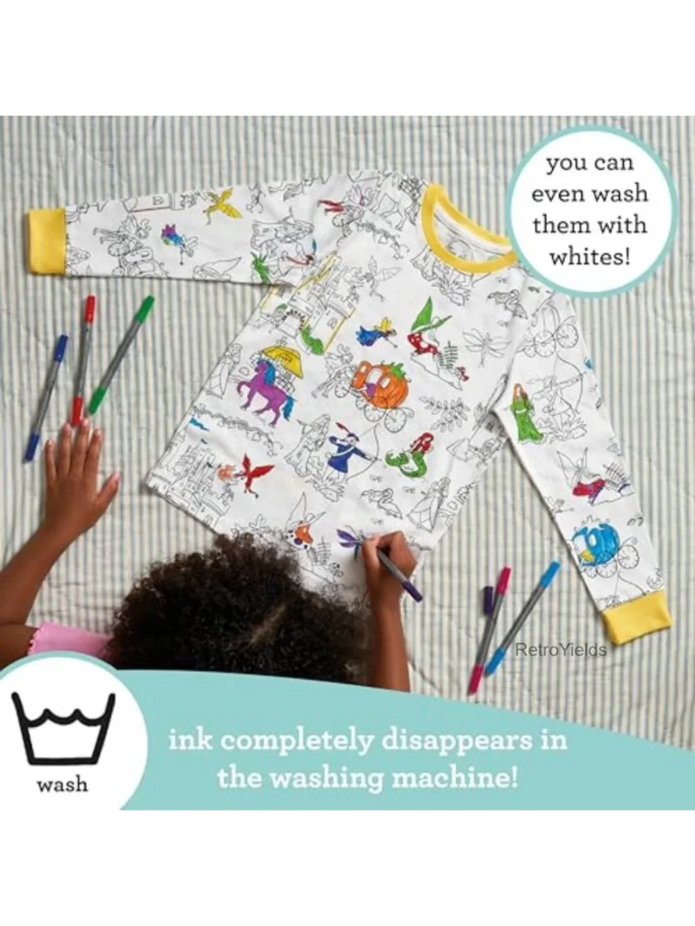 Kids Coloring Pajama Set with 10 Washable Markers, 100% Cotton, Long Sleeve,